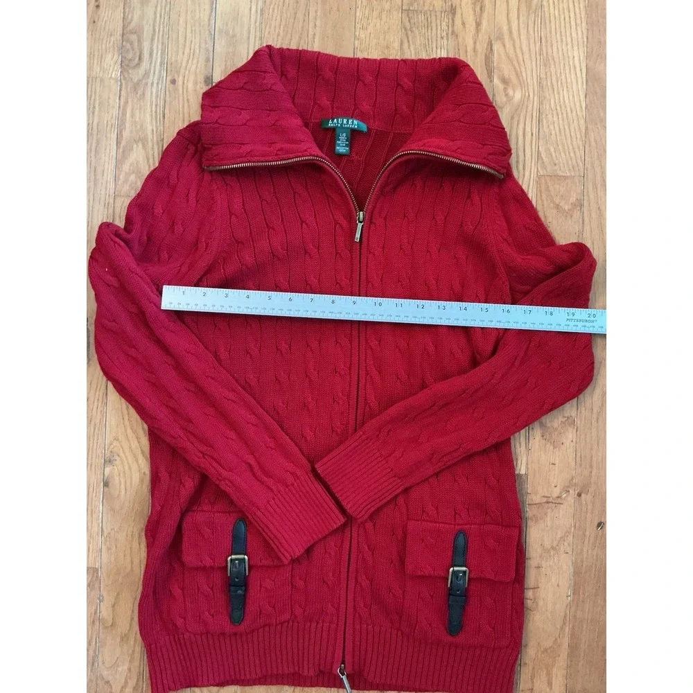 Lauren Ralph Lauren Sweater Womens L Red Cable Full Zip Brass Buckles Pockets